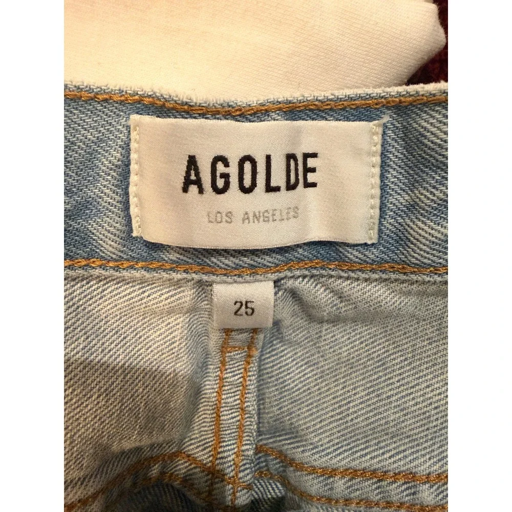 AGOLDE Parker Long Distressed Denim Shorts Size 25 Light Wash High Rise Raw Hem